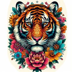 a tiger's face with flowers and leaves around it