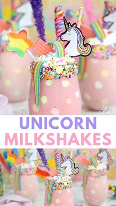 unicorn milkshakes with sprinkles and rainbow decorations