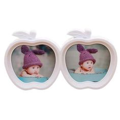 an apple shaped photo frame with two pictures in the shape of an apple on it