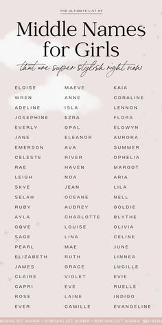 the middle names for girls are shown in this poster