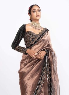 Copper Tissue Saree, Green Tissue Saree, Sweetheart Neck Blouse, Indian Saree Blouse, Tissue Saree