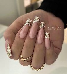 Golden Nails Designs, Rose Gold Nails Acrylic, Glitter French Nails, Nye Nails, Rose Nails, Ballerina Nails