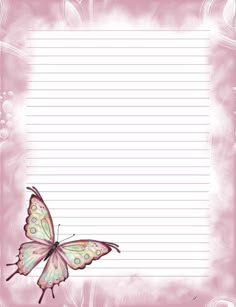 a pink background with a butterfly on the corner and lined paper in the middle that says,