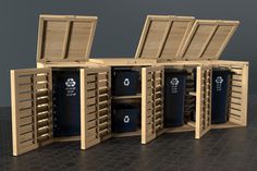 three wooden storage cabinets with bins and dividers on the sides, each containing two black trash cans