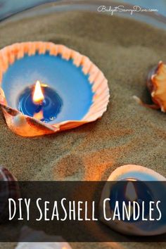 seashell candles in the sand with text overlay