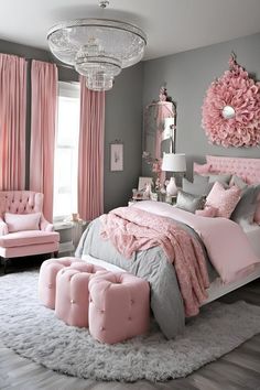 a bedroom decorated in pink and grey colors