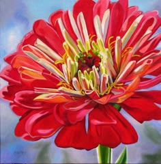 a painting of a red flower with yellow stamens