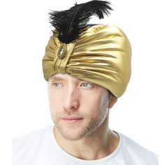 PRICES MAY VARY. 【Design】: Indian Turban Gold Sultan Hat is stunning, embellished with rhinestone and black feather. As Arab prince or governor of the East, this genie swami turban embodies all the pride and tradition of your family! 【Material】: The Salim Sultan Hat is made of 100% shiny polyester(metallic) and features an elastic, which is lightweight, breathable and safe will not cause any harm to the head. 【Proper Size】: Unisex Indian Arabic Genie Turban. One size fits for most men and women. Sultan Aladdin, Arab Hat, Indian Turban, Women Fancy Dress, Feather Costume, Arabian Costume, Arab Style, Headband Wrap, Hair Bonnet