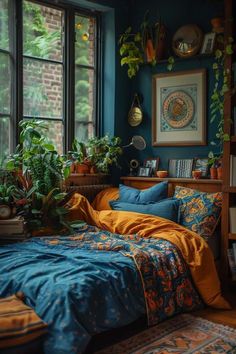 a bedroom with blue walls and lots of plants