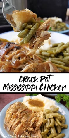 crock pot mississippipri chicken on a plate with mashed potatoes and green beans