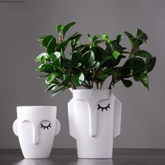 two white vases with plants in them and eyes drawn on the side, one is empty