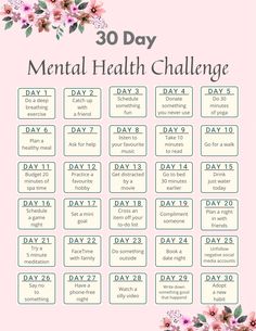 30 Day Mental Health Challenge, Mental Health Challenge, Productive Tips, Goals List, Monthly Challenges, Passion Quotes, Affirmation Posters