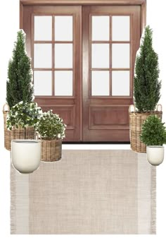 three potted plants sitting on top of a table next to an open wooden door