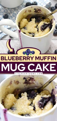 blueberry muffin mug cake in a white cup