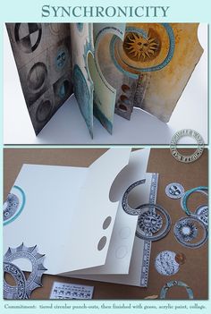 an open book with some designs on the cover and inside, along with other items to make it