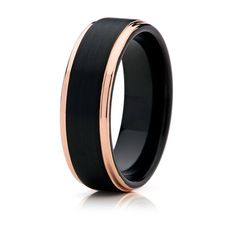 a black and rose gold wedding ring with an interior inlayed to the side