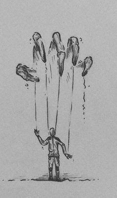 a drawing of a man holding onto three balloons with one person's hands in the air