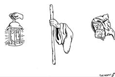 an ink drawing of three different objects