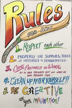 a poster with rules for art written in different colors and styles on the back of it