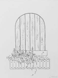 a black and white drawing of a wooden gate with flowers growing out of the top