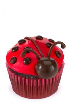 a red cupcake with chocolate sprinkles and a ladybug on top