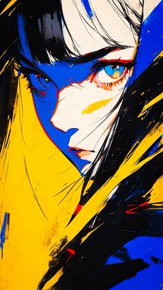 an abstract painting of a woman's face with blue eyes and long black hair