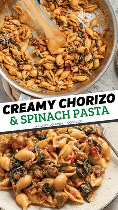 creamy chorizo and spinach pasta in a skillet