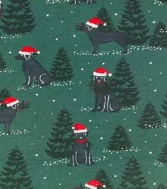 a black dog wearing a santa hat and holding a christmas tree in its mouth on a green background with white snowflakes