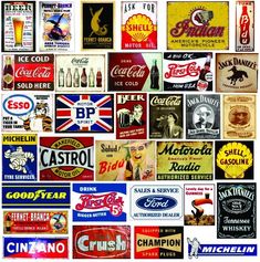 a collage of various types of beer signs and advertisements, all in different colors