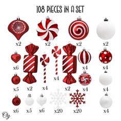 christmas ornaments are arranged in red and white colors, including candy canes, ornament