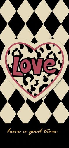 a black and white checkered background with a heart shaped sticker that says love