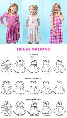 girls'dresses with different patterns, sizes and colors are featured in this page for the sewing pattern