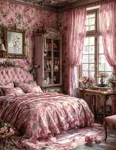 a bedroom decorated in pink and gold with floral wallpaper on the walls, bedding and curtains