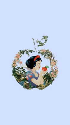 snow white holding an apple surrounded by flowers