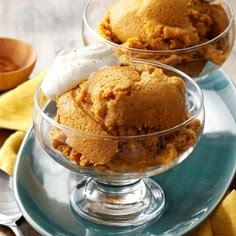 two bowls filled with ice cream on top of a blue plate