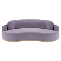 an oval shaped couch with a wooden base and purple upholstered fabric, on a white background