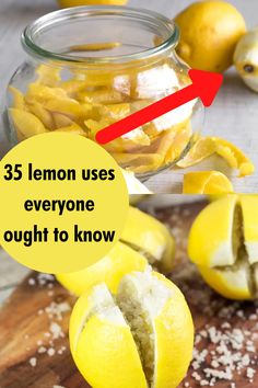 lemons cut in half on a cutting board with text overlay that reads, 35 lemon uses everyone cough to know