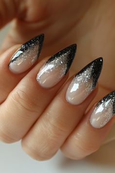 Black Glitter Nails Glitter Ombre Nails Black, Black Ombre Nails Glitter, Hecate Nails, Black Glitter Almond Nails, Black And White Glitter Nails, Dark Glitter Nails, Black And Silver Nail Art, Nail Art Sparkle, Sparkly Black Nails