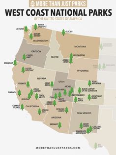 a map with trees on it and the words west coast national parks written in green