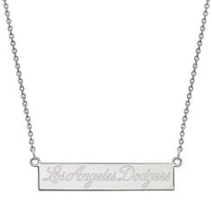 Show your support for your favorite baseball team with this Los Angeles Dodgers necklace. Boxed for gift-giving. Show your support for your favorite baseball team with this Los Angeles Dodgers necklace. Boxed for gift-giving. Bar size: 7 mm x 36 mm Necklace length: 18 inches Chain type: cable Metal: sterling silver Finish: polished Nickel free Packaging: boxed Officially LicensedSUSTAINABILITY FEATURES BPA free PVC free Size: One Size. Color: Multicolor. Gender: female. Age Group: adult. Small Bar, Baseball Team, Los Angeles Dodgers, Bar Necklace, Necklace Length, Gift Giving, Polished Nickel, Bpa Free, Free Size