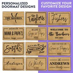 personalized doormat designs for the home or office, with names and phrases on them