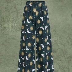 Sun & Moon Graphic Wide Leg Pants 100% Polyester Moondrop Cosplay, Starry Clothes, Hippie Sun, Goddess Outfit, Star Rain, Bohemian Pants, Space Outfit, Moon Graphic, Grace And Lace