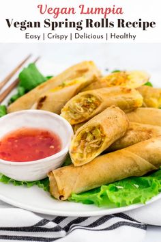 vegan spring rolls recipe on a plate with dipping sauce