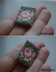 two pictures of a hand holding a small beaded object