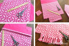 four pictures showing how to make a pink and white fabric bag with scissors on it