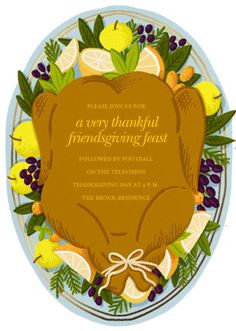 a thanksgiving card with a turkey and lemons in the center, surrounded by greenery