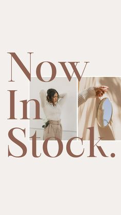 a poster with the words now in stock and photos of women's clothing on it