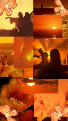 a collage of people with their hands up in the air and sun behind them