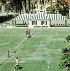 people playing tennis on an outdoor court with palm trees and buildings in the back ground