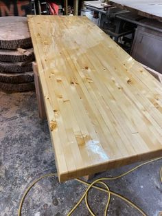 a wooden table being constructed in a garage